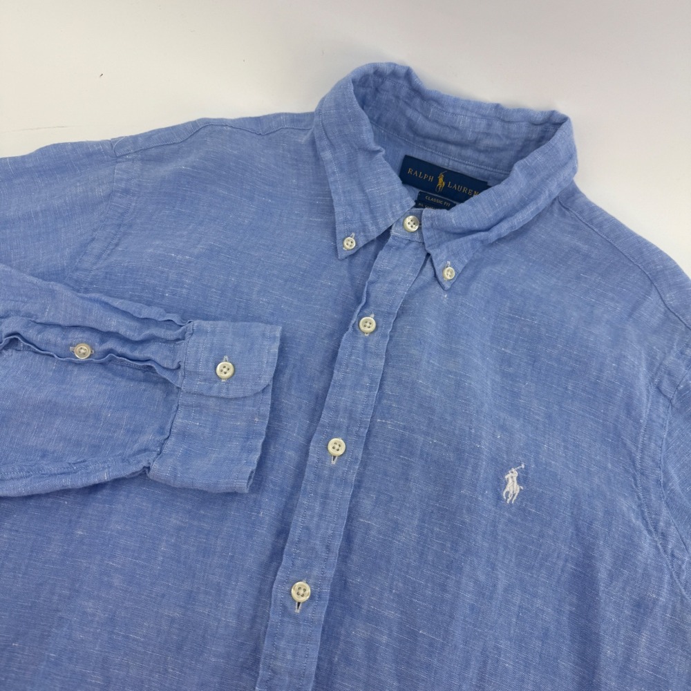 Ralph Lauren Mens Linen Button Down Shirt Blue Classic RL Untucked Fit Large